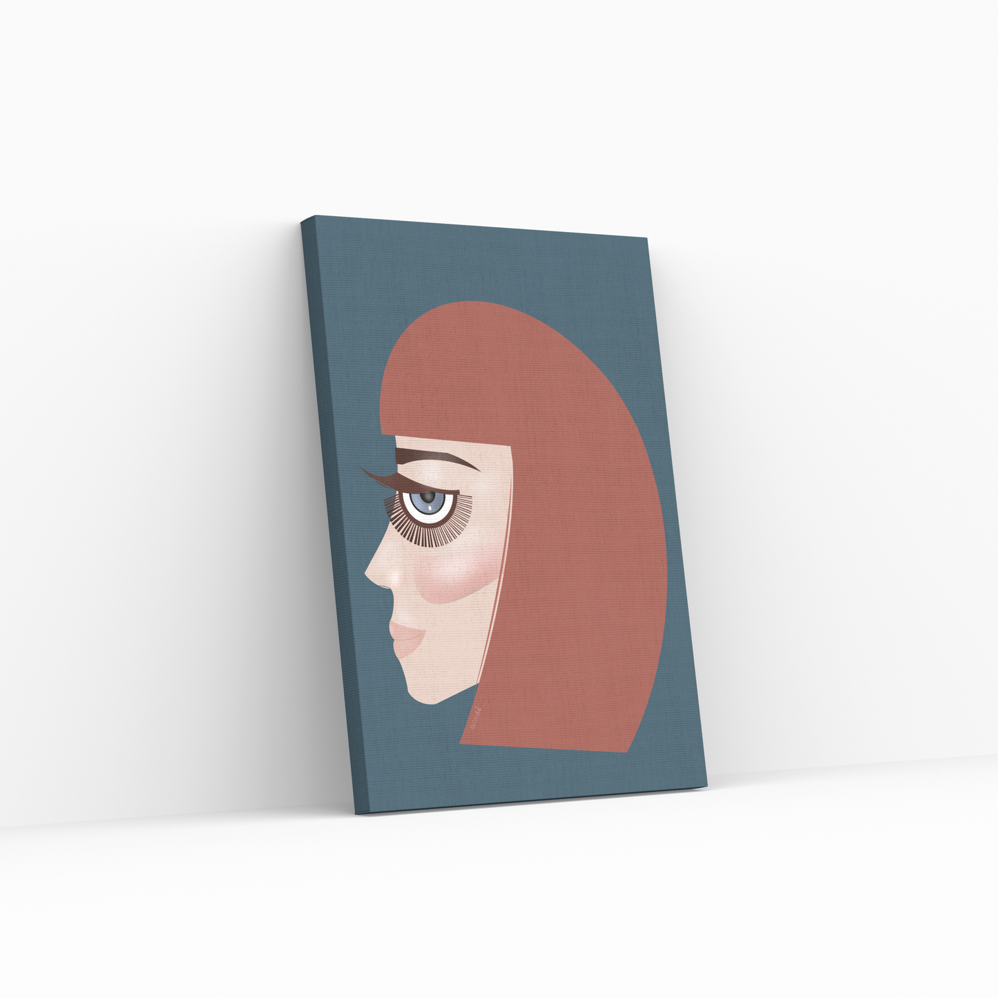 Canvas print with a stylized illustration of a face on a blue background