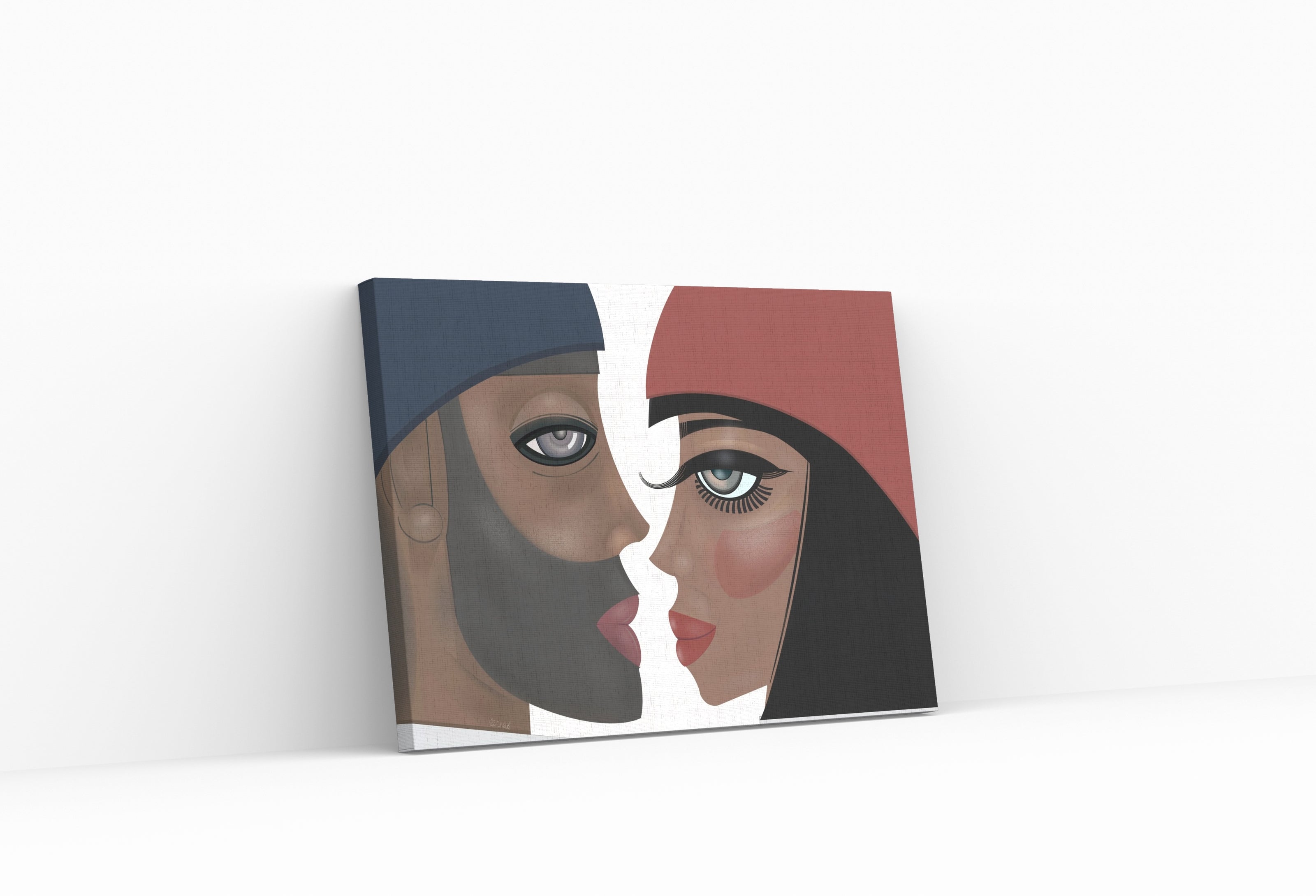 Abstract artwork of two stylized faces facing each other, one wearing a blue hat and the other a red hat.