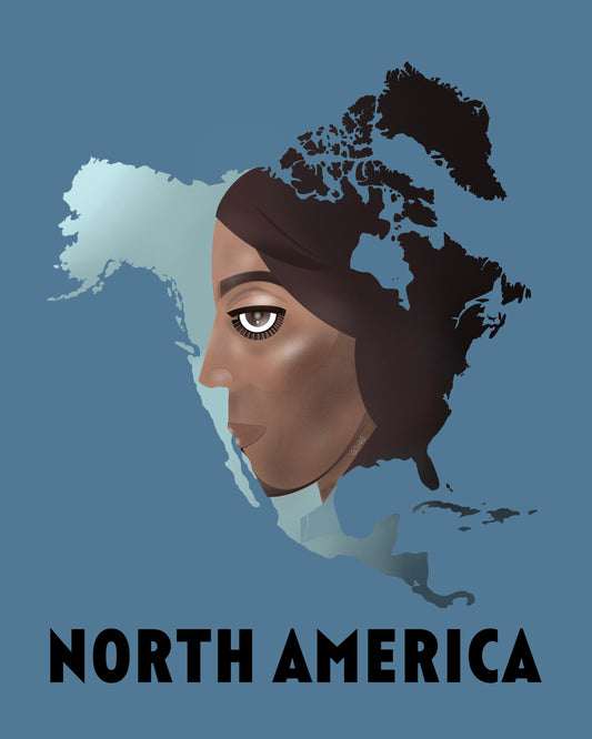 Map of North America with a stylized face against a blue background.