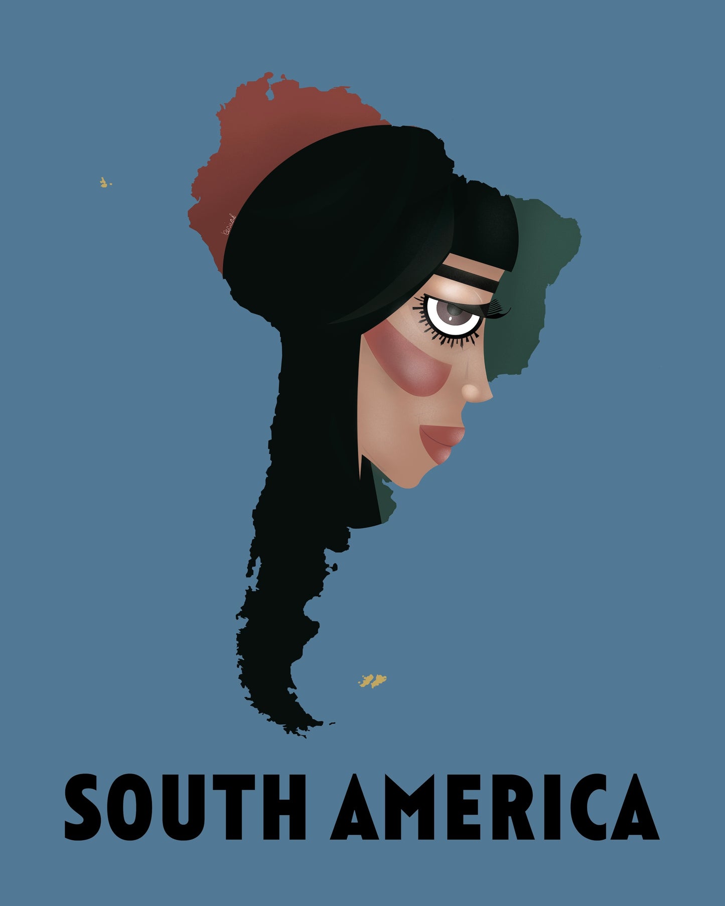 Illustration of a stylized face with South America map on head against a blue background